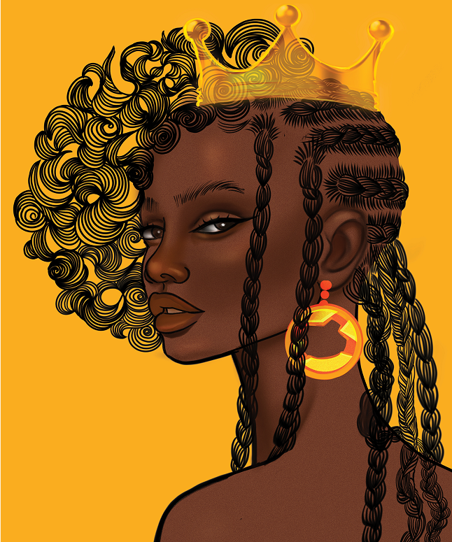 A vibrant illustration of a Black woman with a regal expression, wearing a gold crown and large, circular orange and yellow earrings. She has two distinct hairstyles: on the left side, her hair is a voluminous mass of swirling, stylized curls, and on the right side, it is styled in long, intricate cornrows. The background is a solid golden-yellow.